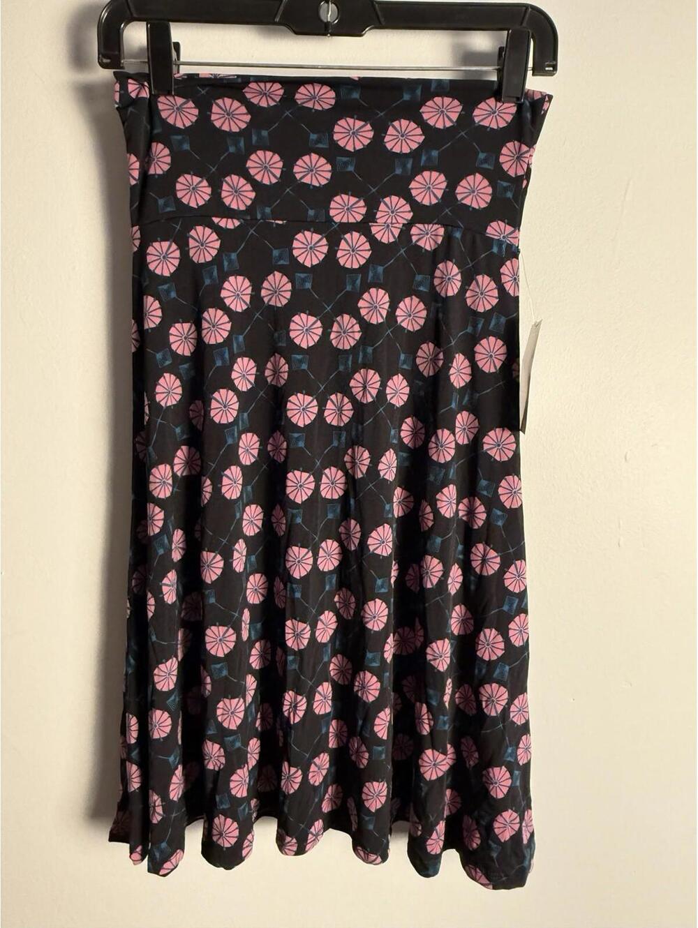 LuLaRoe Azure Skirt Black Pink Blue A-Line Yoga Waist Knee Length Silky XS NWT